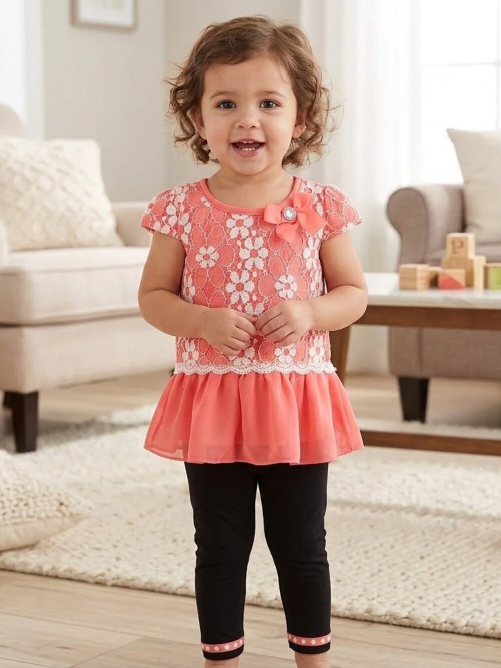 NEW Little Lass 2 Piece Set Outfit Textured Coral Lace Ruffled Top Leggings Pant